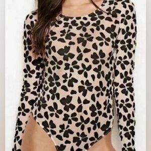 Victoria's Secret Long-Sleeve Mesh Bodysuit black velvet floral-Size S